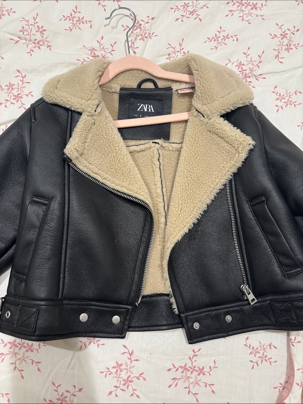 Zara Black Faux Leather Jacket with Cream Sherpa Collar